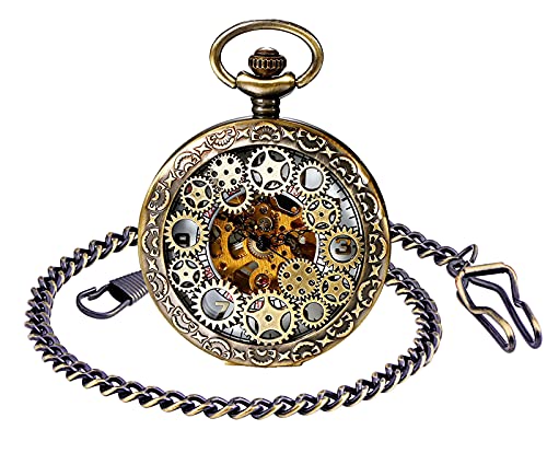 SUPBRO Damen Herren Taschenuhr Retro Zahnrad Analog Mechanische Kettenuhr Uhr mit Halskette Pullover Kette Bronze