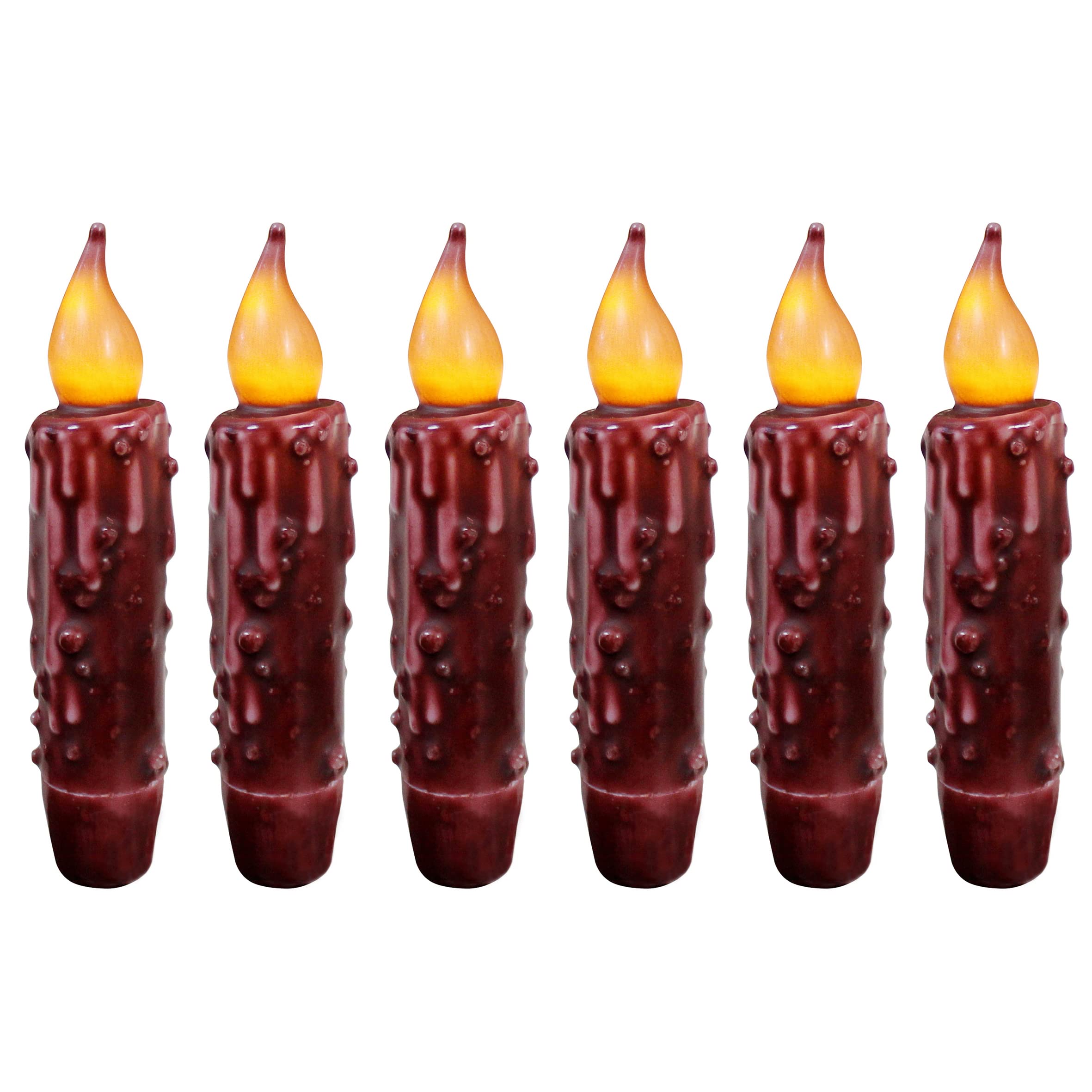 CVHOMEDECO. Echtwachs Hand getauchte batteriebetriebene LED-Timer-Kerzen-Kerzen Rustikale Primitive flammenlose Lichter-Dekor, 12 cm, Burgund, 6 Stück in einer Packung
