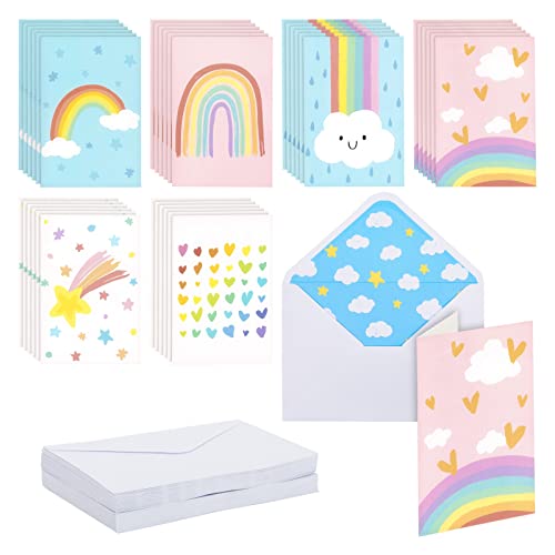 48 Stück Pastell-Regenbogen-Dankeskarten, 10 x 15 cm, leere Karten und Umschläge für Babypartys, Geburtstage, alle Anlässe (6 Designs)