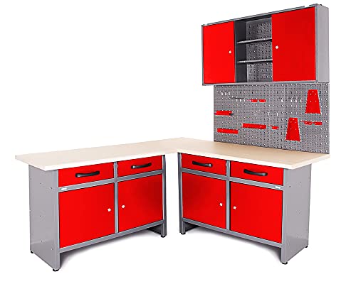 Ondis24 Werkstatt Set Ecklösung Iconic One, Werkbank, 180 cm Holzarbeitsplatte, Werkzeugschrank, Werkzeugwand Lochwand, Haken Set, Metall