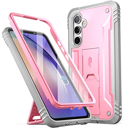 Poetic Revolution Hülle Kompatibel mit Galaxy A54 5G (2023), eingebauter Displayschutz für Arbeitet mit Fingerabdruck-ID, robuste, stoßfeste Ganzkörper-Schutzhülle mit Ständer, Pink