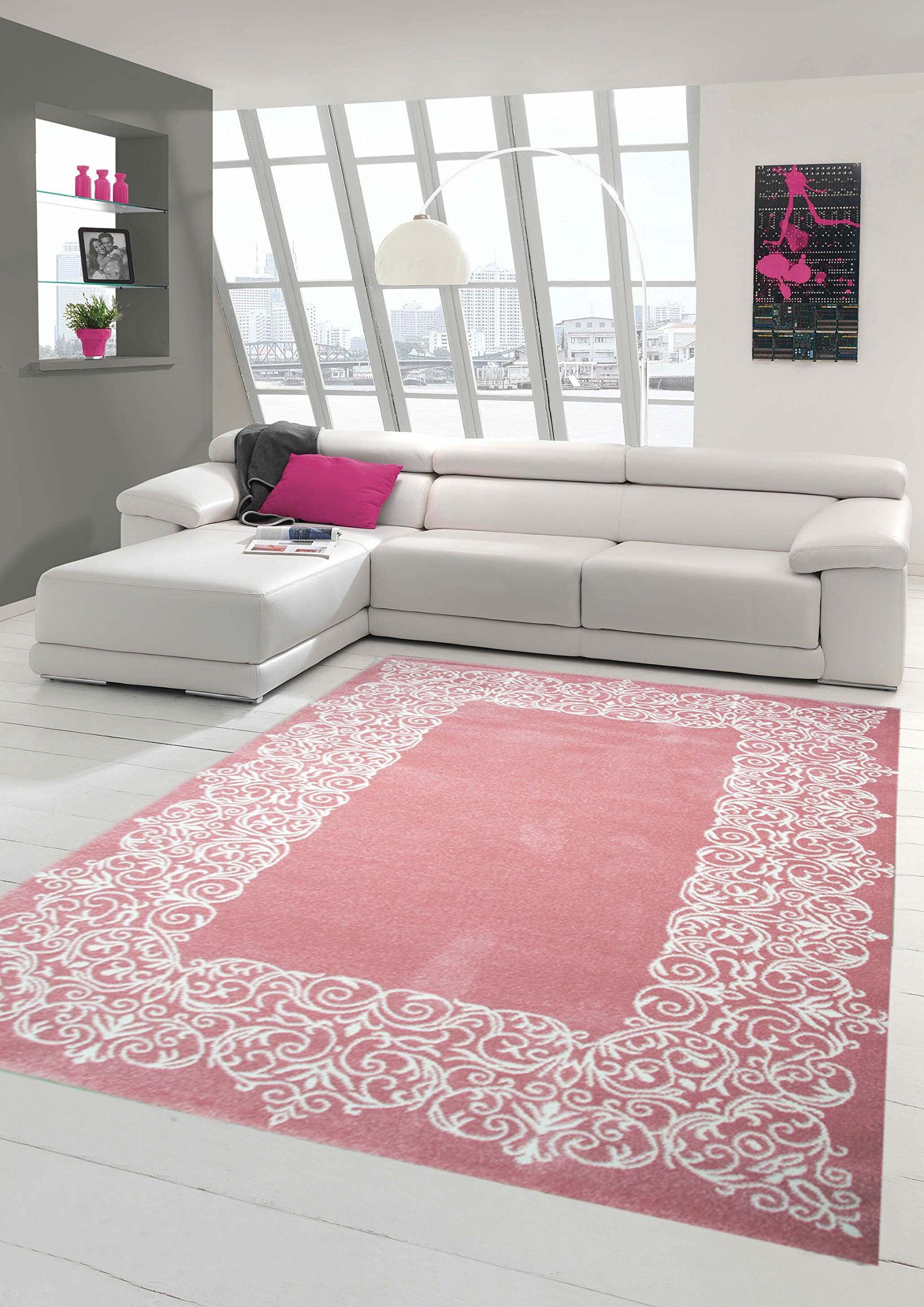 Traum Teppich Designerteppich Moderner Teppich Wohnzimmerteppich Kurzflor Teppich mit Bordüre Rosa Weiß, Größe 140x200 cm