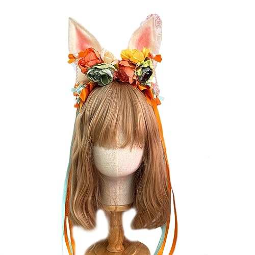 lxuebaix Frauen-Blumen-Kopfschmuck mit Schleife, langes Band, schönes Kaninchenohr-Stirnband, Cosplay, Hanfu-Haarspange, Foto-Requisiten