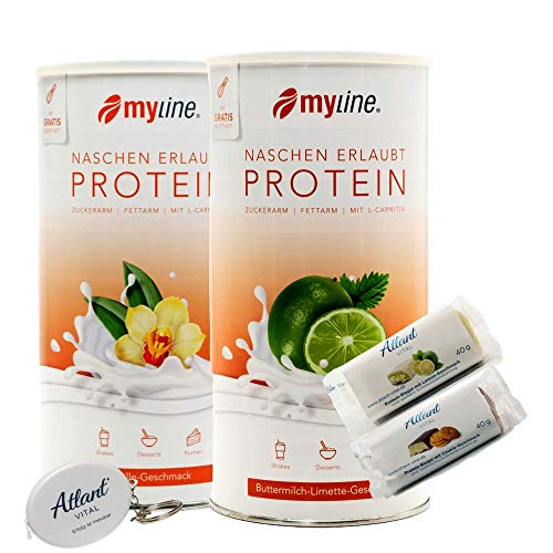Myline Eiweiß Shake Protein Pulver 2er Pack 2x 400g + AV Maßband + 2 Proteinriegel (Limette Buttermilch/Vanille)