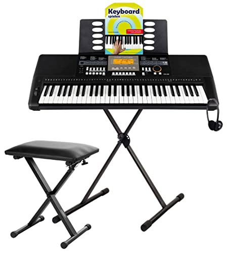 Classic Cantabile CPK-403 Keyboard Deluxe Set - 61 Tasten mit Anschlagdynamik - 618 Klänge und 200 Begleitrhythmen -inkl. Ständer, Bank, Tasche, Kopfhörer und Keyboardschule - schwarz