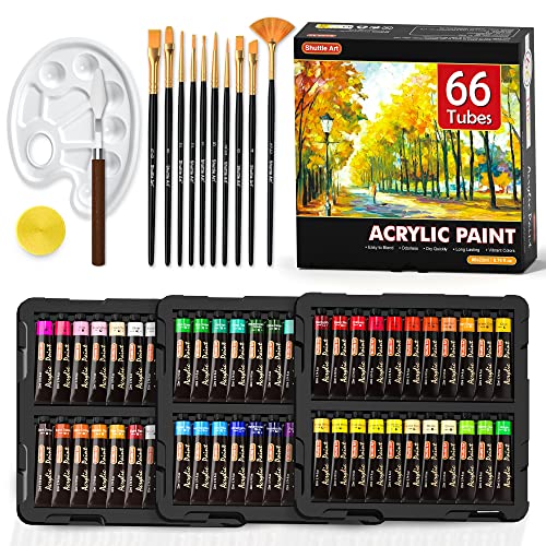 Shuttle Art Arcylfarben Set, 66 Acrylfarben in Tuben (je 22ml) mit 3 Pinseln, professionelle Qualität, ungiftig und säurefrei, für Anfänger, Kinder und Künstler geeignet