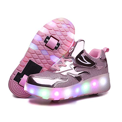 Jungen Mädchen Rollschuhe mit Rollen LED Lichter Schuhe 7 Farben Leuchtend Rollenschuhe USB Aufladbare Blinken Doppelräder Skateboardschuhe Kinder Outdoor Gymnastik Sportschuhe