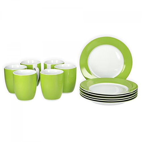 Van Well Frühstücksset 12-TLG. für 6 Personen Serie Vario Porzellan - Farbe wählbar, Farbe:grün