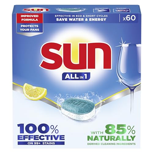 Sun All-in 1 Citroen Spülmaschinentabletten, Reinigungsmittel mit verbesserter Formel 100% wirksam bei über 99 hartnäckigen Flecken 60 Tabletten