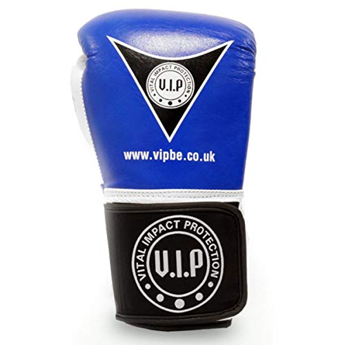 VIP Vital Impact Protection Fortis Leder-Boxhandschuhe, MMA, Kampfsport, Fitness, Zwischen-Sparring, Handschuhe, blau/weiß, 400 g