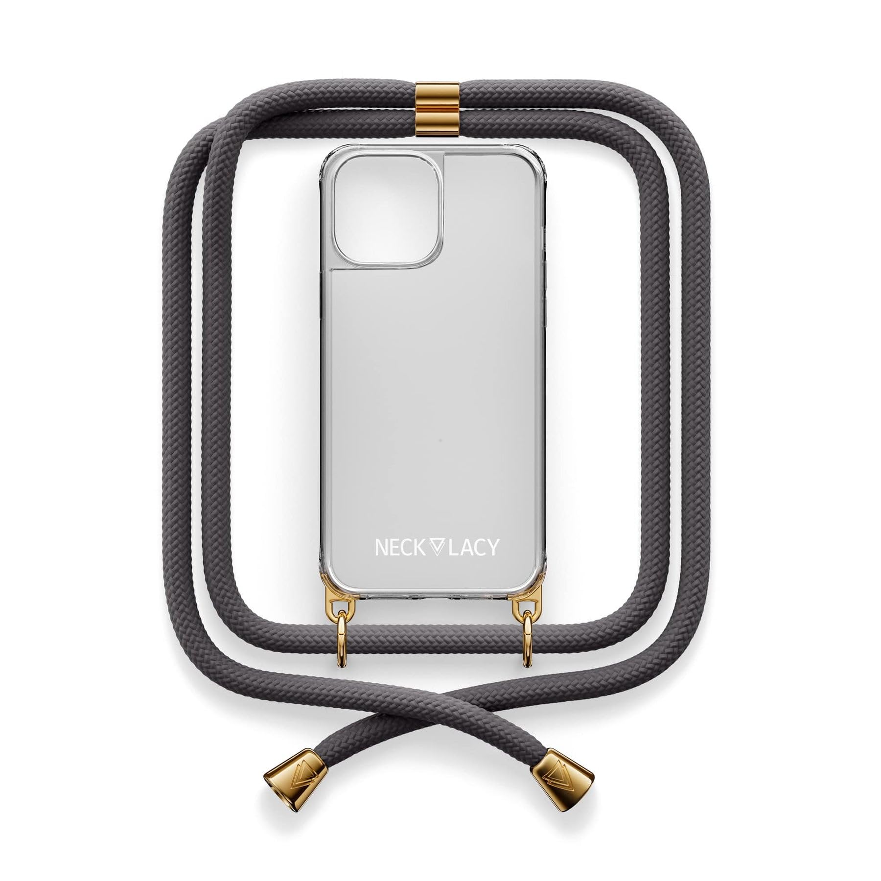NECKLACY® - Die Premium Handykette für Apple iPhone 15 Plus in Stormy Grey | transparente Handyhülle mit hochwertiger Abnehmbarer Kordel zum Umhängen - Smartphone Crossbody