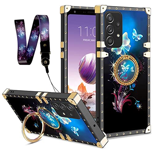 nancheng Schutzhülle für Samsung Galaxy A53 5G, quadratisch, mit Ring, Ständer, Umhängeband, für Mädchen und Frauen, exotische, bunte Schmetterlingsnieten, stoßfeste Schutzhülle