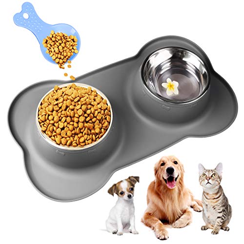 Doppelter Futternapf für Hunde, mittelgroß, 700 ml, rutschfest, mit Silikonmatten, aus Edelstahl, für Wasser- und Futterfütterung, Anti-Überlauf, Futterschaufel für Haustiere, Grau