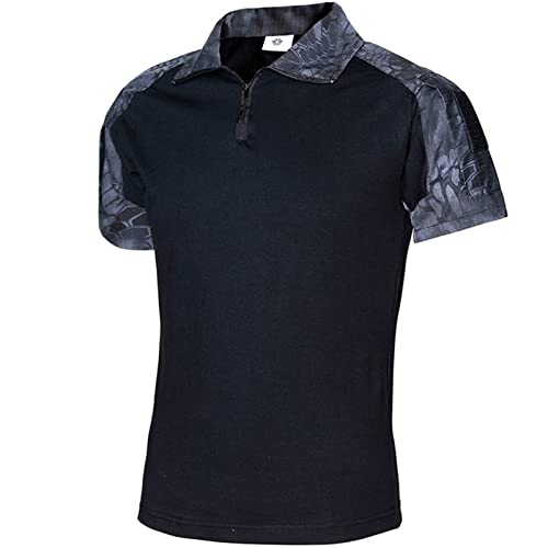 Herren Kurzarm Hemd Taktisch Shirt Militär Armee Outdoor Poloshirt T-Shirt Paintball Combat Shirt Quick Dry Polo Funktionsshirt Mit Reißverschluss (Black Python,XXL)