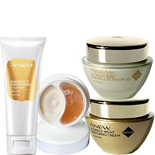 Avon 4er Set Anew Ultimate Tagescreme SPF25, Ultimate Nachtcreme mit Protinol, Augenpflege und Gold Maske Peel-Off für die Haut ab 50