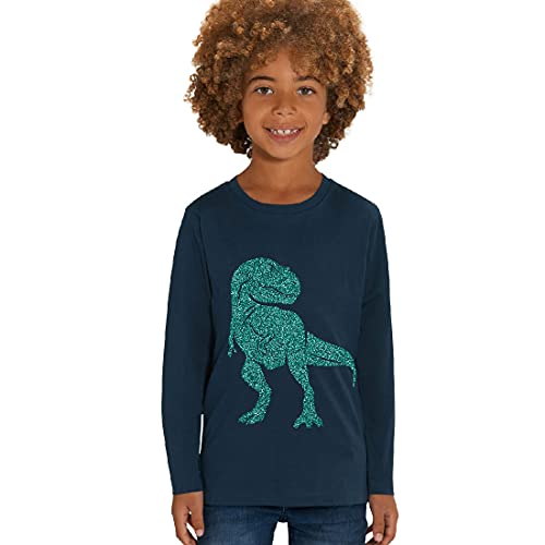 Kinder Langarmshirt aus Biobaumwolle mit Dinosaurier Glitzer Motiv, Size:134/146, Dino:Navy-Dino Jade