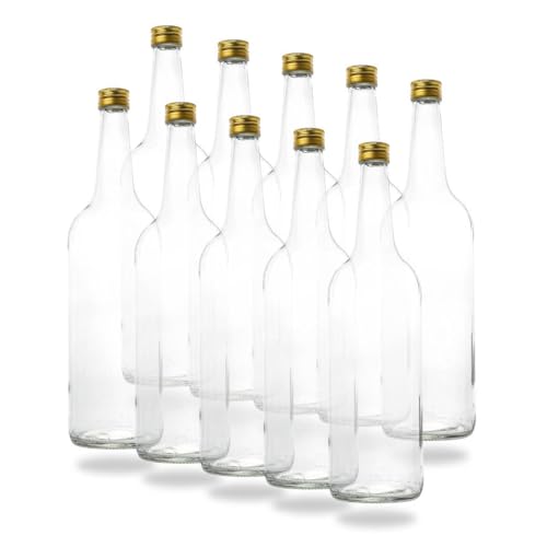 10 Leere 1 Liter Glasflaschen 1000ml mit Schraubverschluss Gold PP28 - Glastrinkflasche 1l ideal als Wasserflasche Glas 1l, Schnapsflaschen 1l, Likörflaschen 1l oder Leere Weinflaschen 100 cl
