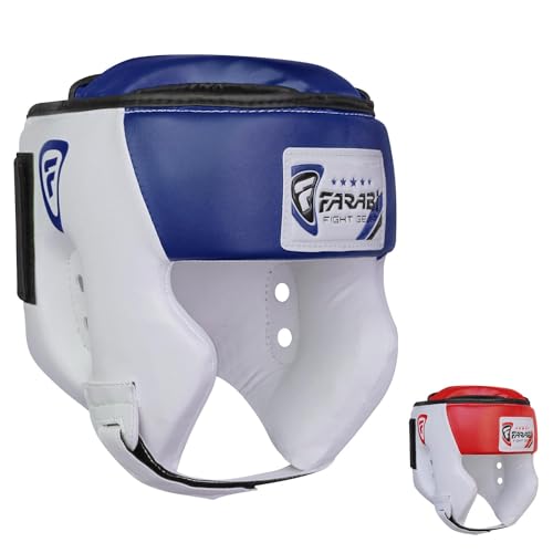 Farabi Sports kopfschutz Boxen Helmet with Adjustable Strap, Box kopfschutz Open Face kopfschutz MMA, Muay Thai, Sparring, Kampfsport, Karate, Boxing Helmet (M, White/Blue)