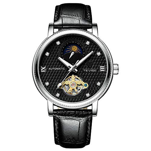 Smartwatches,Automatischer Uplink Machinery Watch Litschi Ledergürtel Lunar Phase Tour Schwungrad Schwarzgesichteter Schwarzer Gürtel