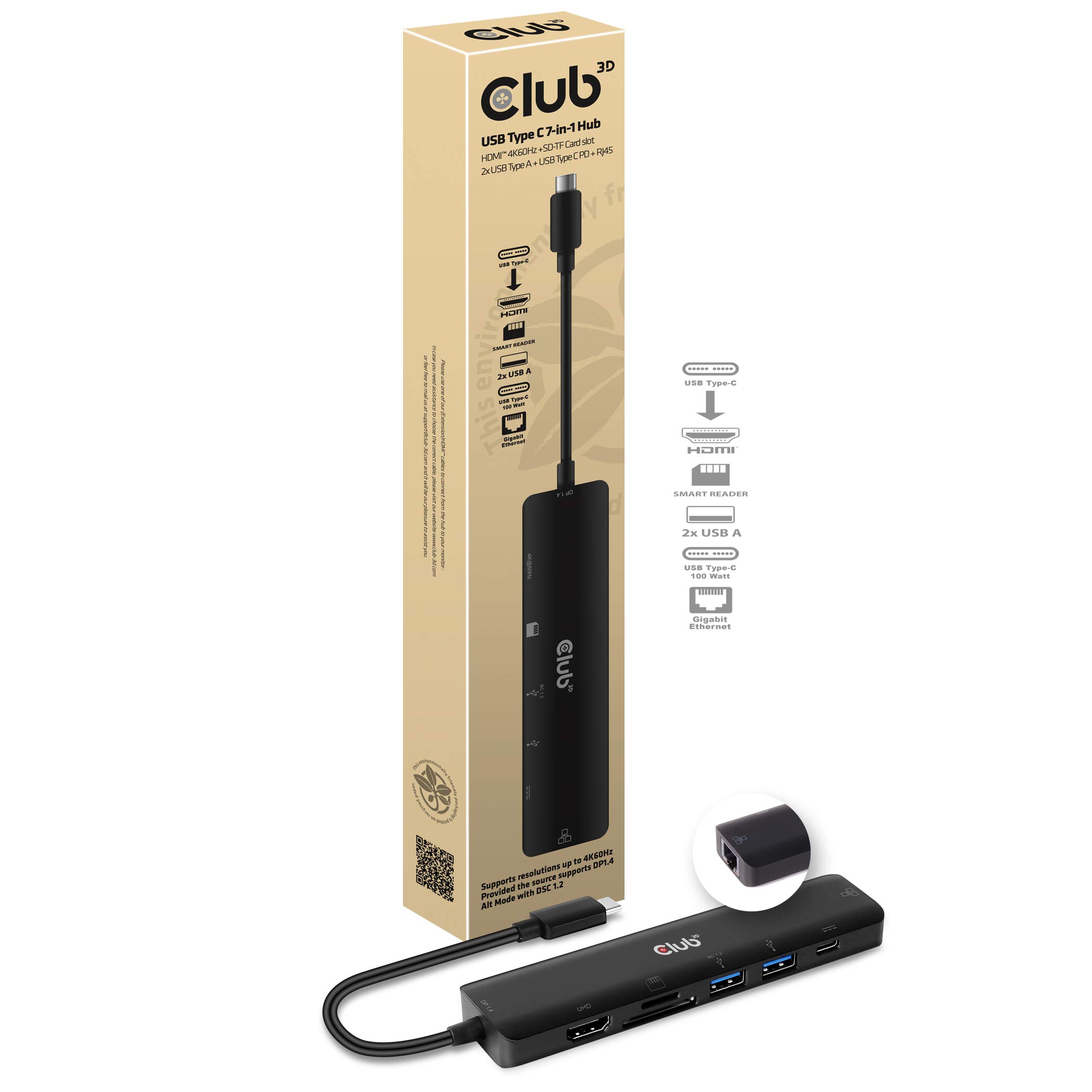 Club 3D USB Typ C 7-in-1 Hub auf HDMI 4K60Hz /SD-TF Kartenslot 2X USB Typ A/USB Typ C PD / RJ45, CSV-1592