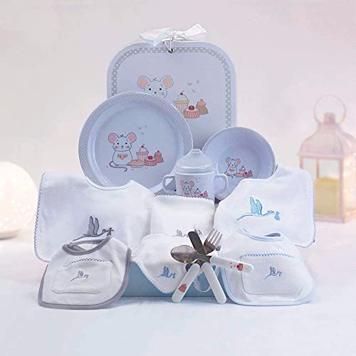 BebeDeParis Originelle Geschenke für Neugeborene | Babywanne mit Geschirr und Lätzchen-Set | 3-6 Monate (blau)