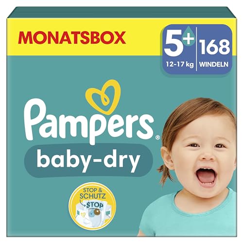 Pampers Windeln Größe 5+ (12-17kg) Baby-Dry, Junior Plus, MONATSBOX, bis zu 12 Stunden Rundum-Auslaufschutz, 168 Stück