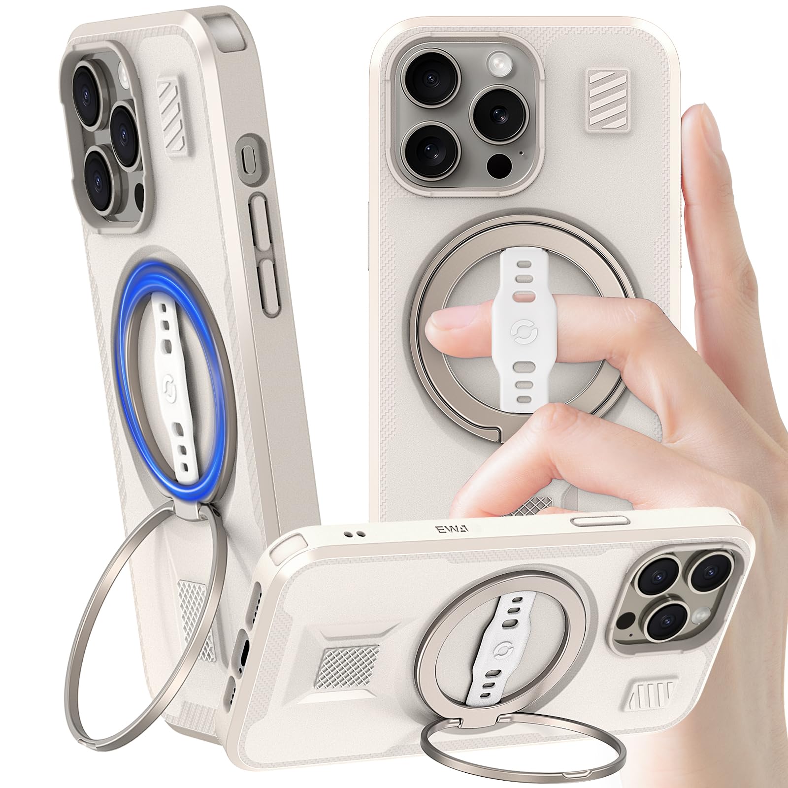 EWA Handyhülle für iPhone 15 Pro Max, kompatibel mit Magsafe, mit Ringständer, Silikonriemen, doppeltem Magnetverschluss auf der Rückseite, robustem Fallschutz, 6,7 Zoll, rauchweiß