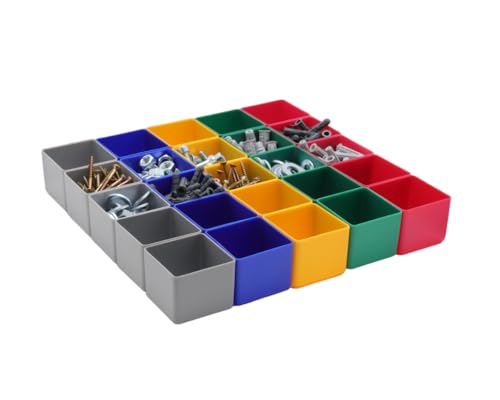 25 Stück Einsatzkasten Serie E40, farblich sortiert, 5 Farben u. 4 Größen, aus Polystyrol, Industrienorm, für Schubladen, Sortimentskästen etc. (E40/4, 49x49x40 mm)