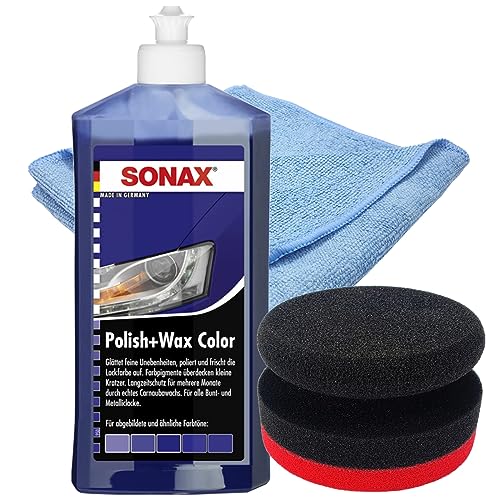 Craft-Equip Politur-Set bestehend aus einer SONAX 500ml Polish+Wax Color BLAU + Craft-Equip Ø90mm Polierpuck ROT + Craft-Equip Microfasertuch BLAU