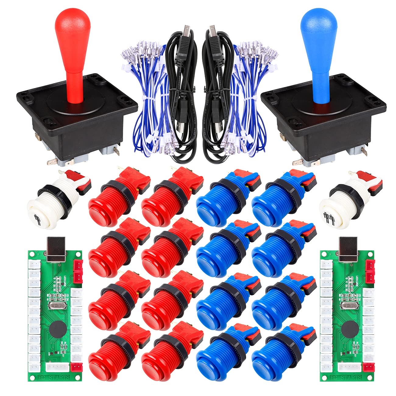 Arcade Spiel DIY-Teile für Mame USB Cabinet 2x Null Verzögerung USB Encoder + 2x 8-Wege-Klassiker Arcade Joystick + 18x Arcade-Taster 1p / 2p Start Push Button Blau + Rot Farbkits