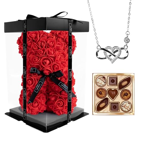 Infinity Flowerbox - Rosen Bär Geschenkset mit Infinity Kette & Pralinen im Set - 300 handbeklebte Rosen mit Duft - Geschenk für Frauen, zum Geburtstag oder Jahrestag (Silber, Vibrant Red)