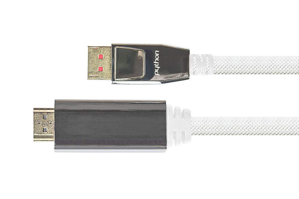 PYTHON Series Premium DisplayPort 1.4 an HDMI 2.0 Anschlusskabel - 4K / UHD @60Hz - Adapter-Kabel - 3-Fach Schirmung, Vollmetallstecker, vergoldet- KUPFERLEITER - Nylongeflecht - weiß, 1m