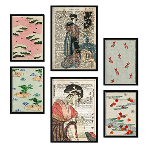 Nacnic-Set von 6 Poster von Japan. Sammlung von Platten mit ästhetischer Collage für Innendekoration. Größen A3 und A4. Mit schwarzem Rahmen.