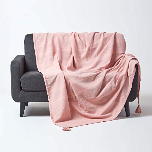 Homescapes Tagesdecke/Sofaüberwurf/Plaid Rajput in Rosa – 225 x 255 cm – handgewebt aus 100% Reiner Baumwolle in RIPP-Optik