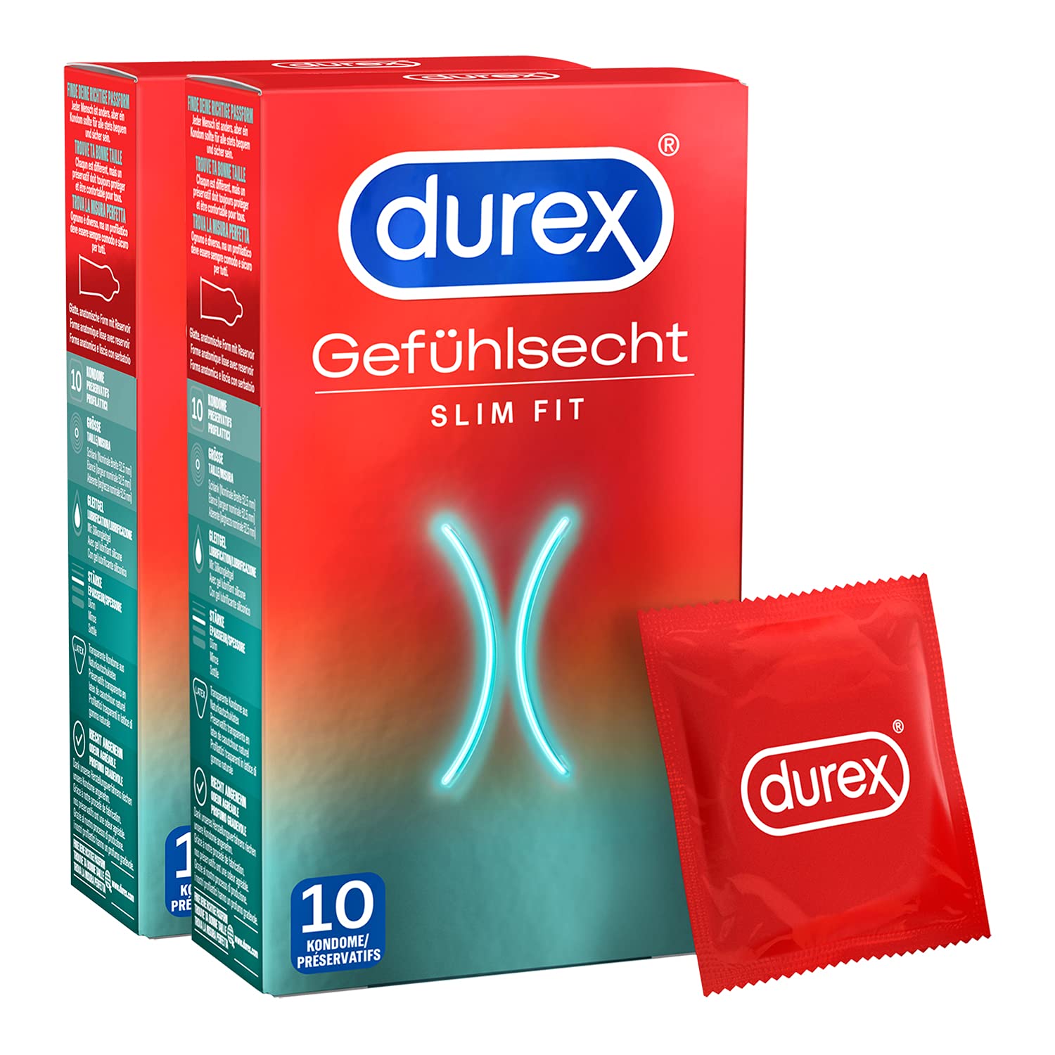 Durex Gefühlsecht Slim Kondome - Angenehmer Geruch, perfekten Sitz und leichtes Abrolle – Schmale Passform, dünn, befeuchtet, dermatologisch getestet & elektronisch geprüft – 20er Pack (2 x 10 Stück)