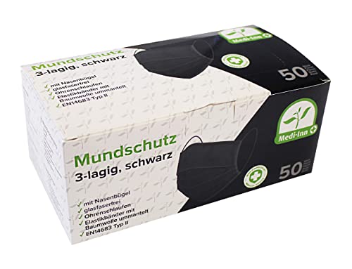 Medi-Inn+ Mundschutz Atemschutz Gesichtsmaske Einwegmaske mit Elastikbändern Typ II 3-lagig schwarz (10 x 50 = 500 Stück)