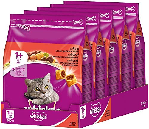 Whiskas 1+ Katzenfutter – Knabberstückchen mit Rind – Hochwertiges Trockenfutter für ausgewachsene Katzen – 5 x 800g Beutel