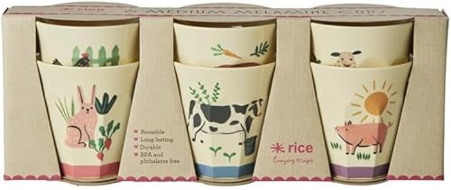Rice Melaminbecher mit Tier Print, Farm, Größe medium 9 x 9 cm für Kinder, einzeln oder im Set (Set 6 teilig)… (6er Set)