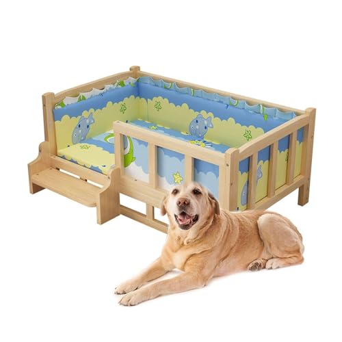 Haustierbett Erhöhtes Haustierbett aus Holz für Hunde/Katzen mit Treppen und waschbarer, Abnehmbarer Matratze für den Innen- und Außenbereich Hundebett