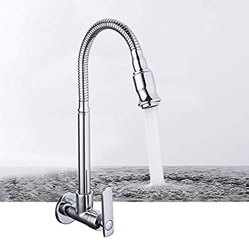 TREMETY Küchenarmatur, Wasserhahn, Wandmontage, Küchenarmatur, 360 Grad Drehbar, Flexibler Schlauch, Einzel-Kaltwasser-Küchenarmatur, Messing, Küchenzubehör