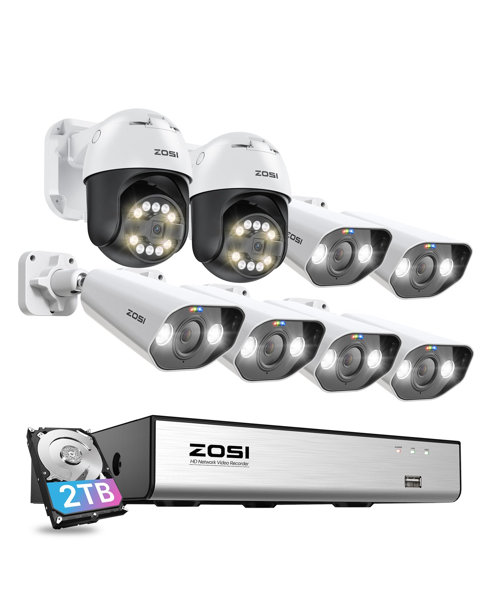 ZOSI 5MP PoE Überwachungskamera Set Aussen, 6X 5MP Bullet und 2X Schwenkbar Dome IP Kameras, 8CH 4K 2TB HDD NVR, Auto-Tracking, Personen-/Fahrzeugerkennung, 2-Wege-Audio