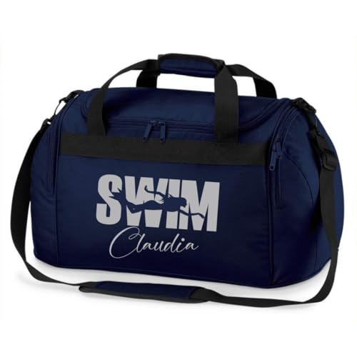 minimutz Sporttasche Schwimmen für Kinder - Personalisierbar mit Name - Schwimmtasche Swim Duffle Bag für Mädchen und Jungen (dunkelblau)