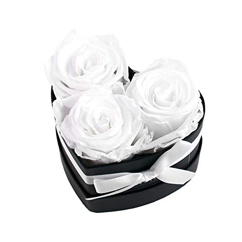 Infinity Flowerbox Small Herz - 3 echte Premiumrosen in Weiß - 3 Jahre haltbar ohne gießen | In Geschenkverpackung mit Satinschleife