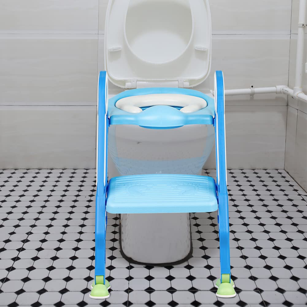 Toilettensitz Kinder mit Treppe, Kinder Toilettensitz Toilettentrainer, Weicher WC Sitz, Faltbar Kindertoilette WC Sitz Töpfchentrainer für V-, U- oder O-förmige Toiletten (Hellblau-blau)