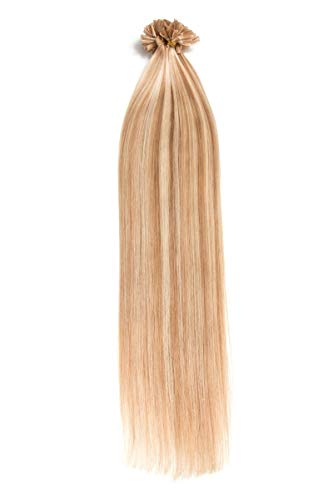 Gesträhnte Bonding Extensions aus 100% Remy Echthaar - 200x 1g 50cm Glatte Strähnen U-Tip als Haarverlängerung und Haarverdichtung in der Farbe #18/613 Dunkelblond/Helllichtblond
