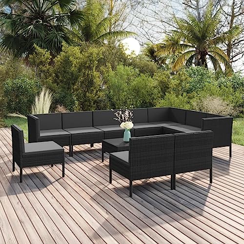 ZQQLVOO Lounge Sessel Terrassenmöbel Terassenmöbel Außen11-tlg. Garten-Lounge-Set mit Auflagen Poly Rattan Schwarz