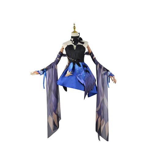 Mirodo Halloween Spiel Keqing Cosplay Kostüm Frauen Schwarz Blau Bringen Luftschlangen Kleid Outfit,Set-M