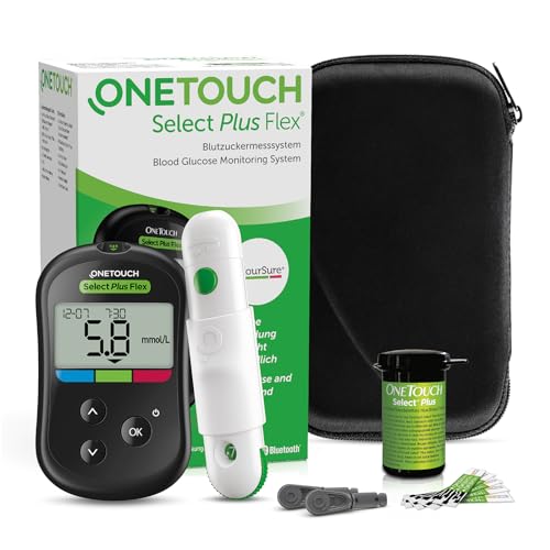 OneTouch Select Plus Flex(R) Blutzucker-Messgerät (mmol/L) I Diabetes-Testset (Zucker-Krankheit) I 1 Blutzucker-Messgerät + 10 Teststreifen + 1 Stechhilfe + 10 Lanzetten im Etui (inkl. Batterien)