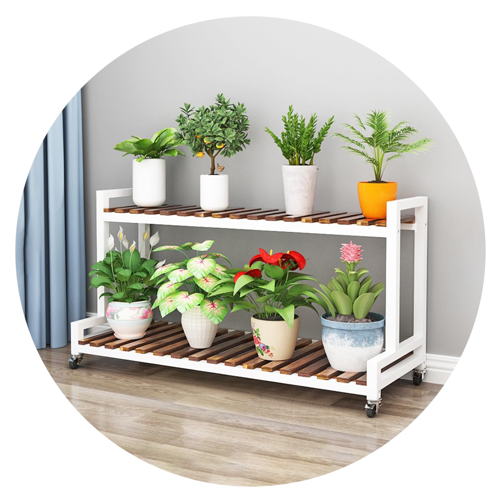 LIGUOYI Pflanzenregal Innen Außen Blumentopf Ständer Display Rack, Holz-Pflanzenregal Mit Rollen, 2 Ebenen 3 Ebenen Stahlgestell Rack Lagerregal Höhenverstellbar Für Garten, Balkon, Wohnzimmer