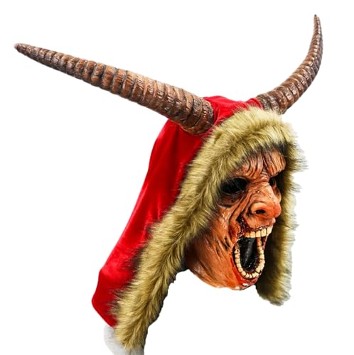 MIMIKRY Krampus Horror Latex Maske mit Hörnern Nikolaus Kapuze und blutigen Zähnen Weihnachten Dämon Halloween